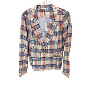 NEW Mystree Red & Blue Madras Plaid Blazer Jacket Preppy Boho - Size Large